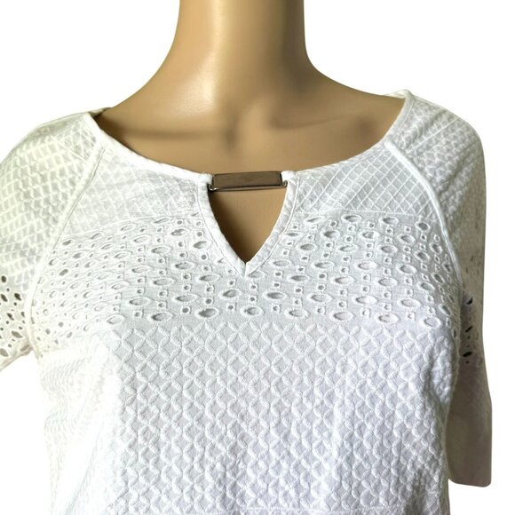 Adrianna Papell White Cotton Eyelet Short Sleeve Shift Dress Size 4 Keyhole Neck - Picture 7 of 14